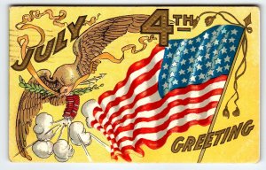 4th Of July Postcard Eagle Fireworks US Patriotic Flag Antique Embossed 1909