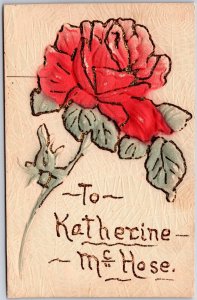 To Katherine Heavily Embossed & Glittered Red Rose Flower Postcard