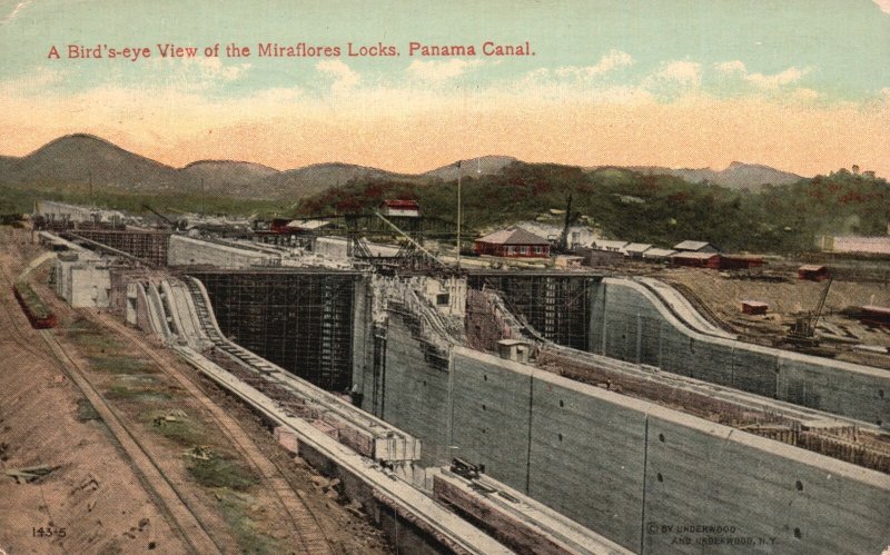 A Bird's Eye View Of The Miraflores Locks Panama Canal Vintage Postcard