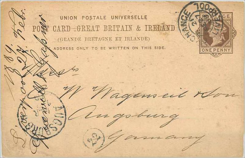 Entier Postal Stationery Postal Britain Great Britain in 1889 Liverpool to Au...