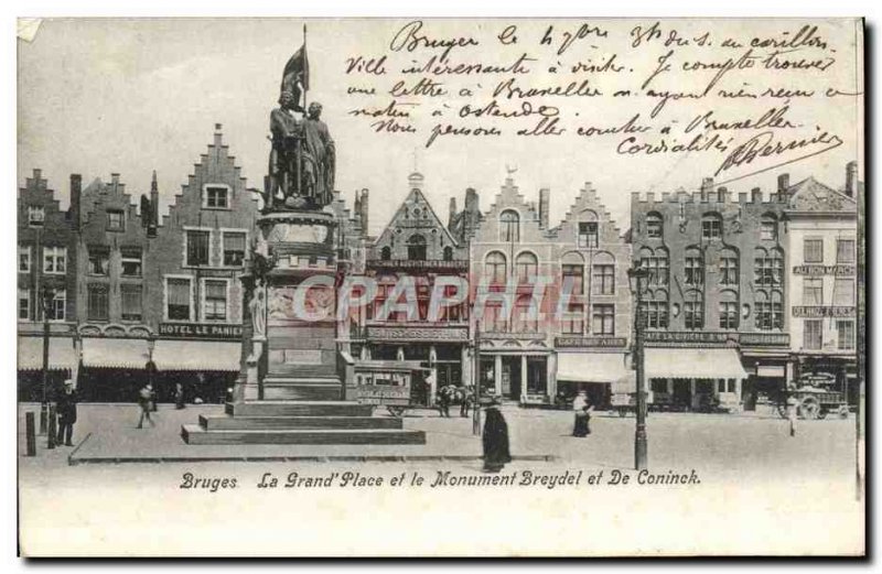 Old Postcard Bruges Grand Place and Monument Breydel and De Coninck