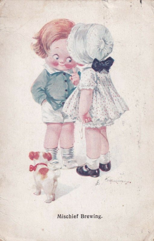 AS: Mischief Brewing Little boy w/girl wearing bonnet, puppy dog, PU-1917