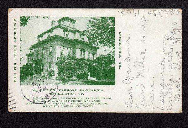 VT Dr Primes Sanitarium BURLINGTON VERMONT Postcard PMC Private Mailing Card PC