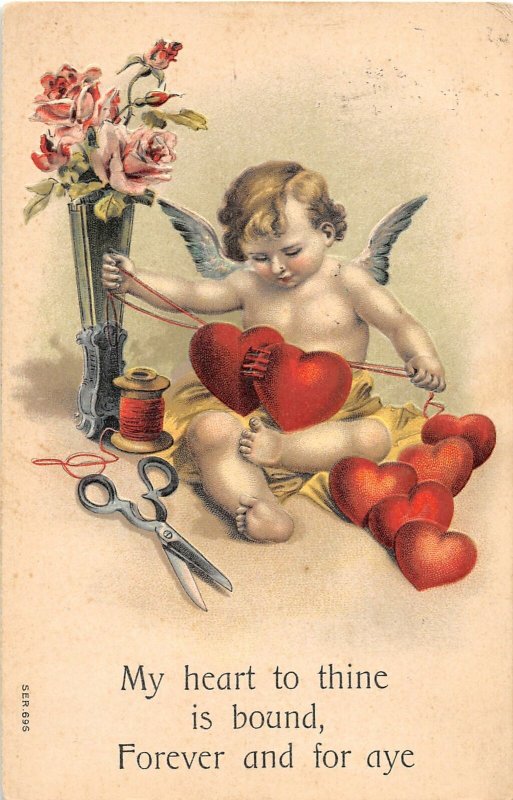 H83/ Valentine's Day Love Holiday Postcard c1910 Cupids Hearts Scissors 78