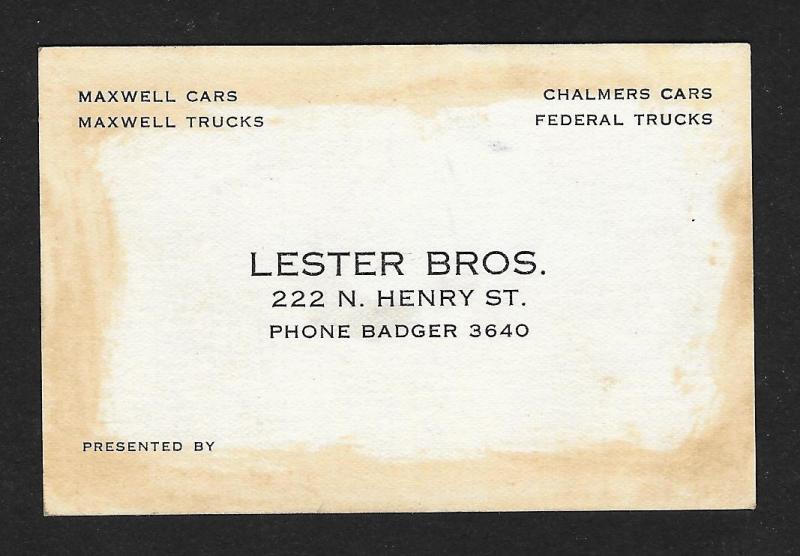 VICTORIAN TRADE CARD Lester Bros Cars & 1920 Maxwell Trucks