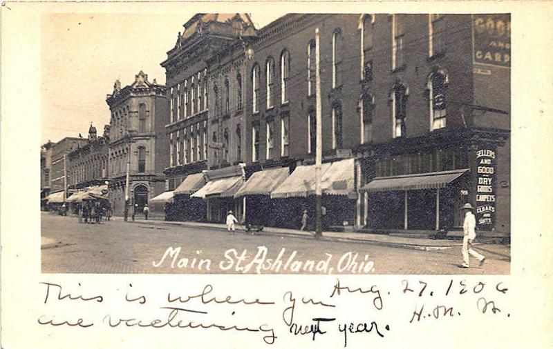 Ashland OH Main Street Sellers & Good Dry Goods Bank Storefronts RPPC Postcard