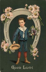 Good Luck Little Boy Under Giant Horseshoe Vintage Postcard