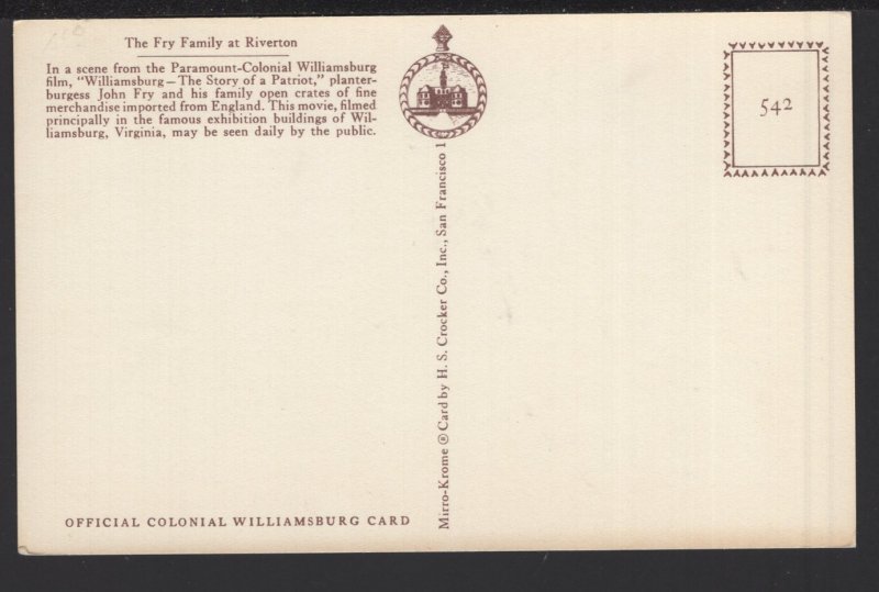 VA WILLIAMSBURG Fry Family at Riverton scene Film Story of a Patriot - Chrome