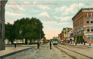 c1910 Postcard; Main Street & Trolley Marshalltown IA Marshall County unposted