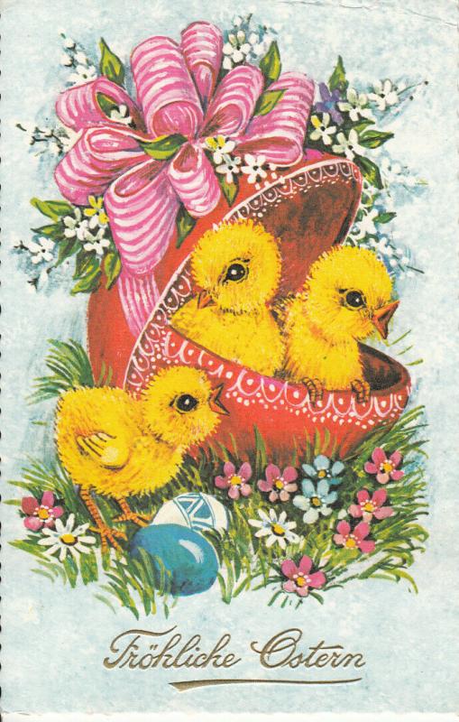 Happy Easter greetings postcard Easter chickens caricature floral red egg