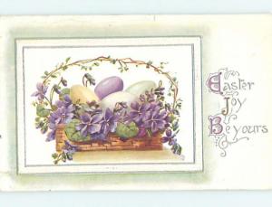 Pre-Linen EASTER EGGS IN ANTIQUE WICKER BASKET hr1847