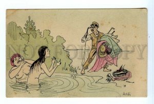 499256 HUMOR COMIC Nude Lady Woman Pond & BEGGAR thief Vintage postcard RUSSIA