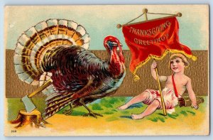 Casey Illinois IL Postcard Thanksgiving Greetings Turkey And Little Boy Embossed