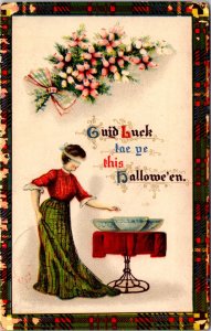 Halloween Postcard Blindfolded Woman Hand Outstretched Over Three Bowls Flowers