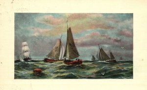 Vintage Postcard 1910 Portrait of a Fishing Boats Sea Ocean Waves Nature Artwork