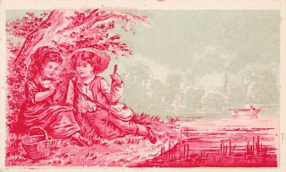 Approx. Size: 2.25 x 3.75 Boy and a girl sitting by the river  Late 1800's Tr...