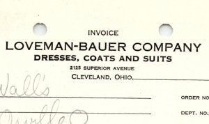 1939 LOVEMAN-BAUER COMPANY CLEVELAND OHIO DRESSES COATS BILLHEAD INVOICE Z693