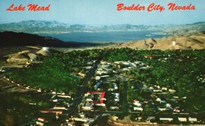 Vintage Postcard Lake Mead Blue Water Green Oasis Basin Boulder City Nevada NV