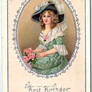 c1910s Best Birthday Wishes Silver Embossed Postcard Victorian Fashion Girl A67