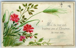 c1880s Raphael Tuck Christmas Small Trade Card Xmas Joys Saying Flower 1205 C6