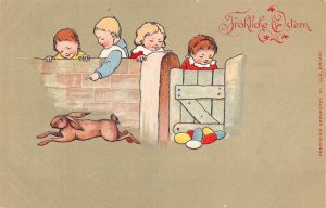 Easter Greetings Children Rabbit Fence Colorful Eggs embossed postcard C316