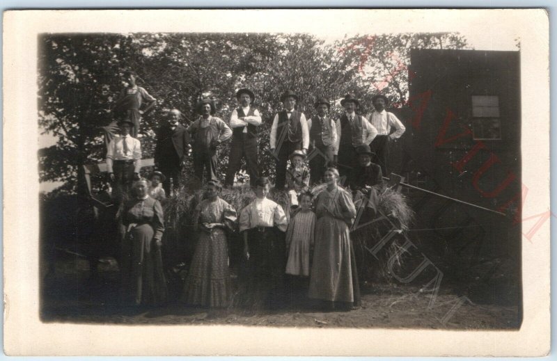 c1900s Outdoor Group Photo RPPC Men Gentlemen Women Boys Hayrack Real Photo A171