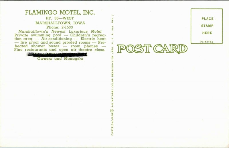 Postcard IA Marshalltown Flamingo Motel Route 30 Swimming Pool 1960s J3