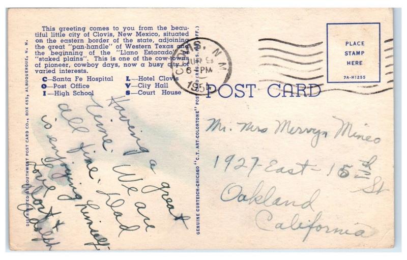 1954 Greetings from Clovis, NM LARGE LETTER Postcard