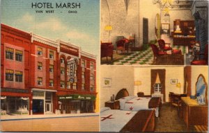 Linen Postcard Multiple Views of Hotel Marsh in Van Wert, Ohio