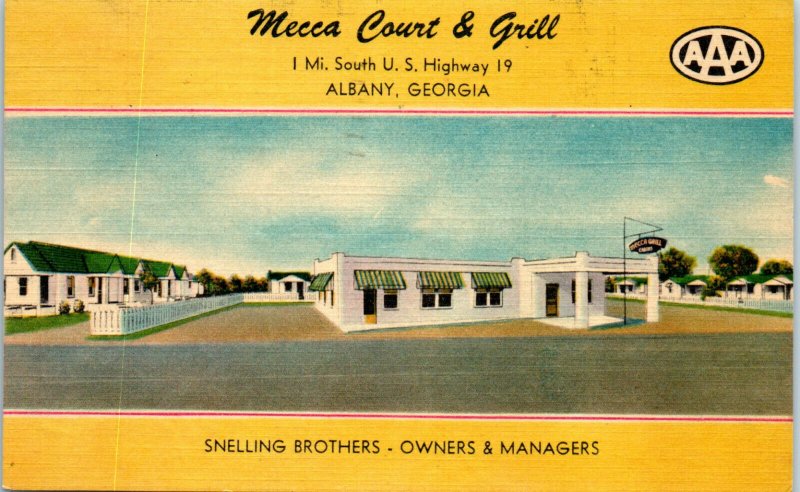 1940s Mecca Court & Grill Motel U.S. Highway 19 Albany Georgia Postcard