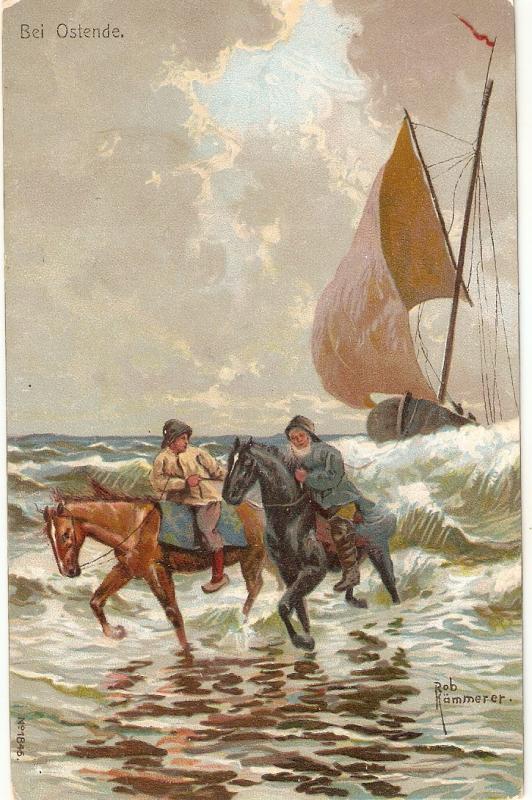 Horses towing s dsiling vessel Antique English postcard