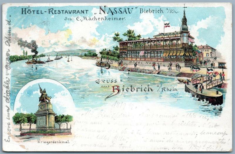 GRUSS AUS BIEBRICH HOTEL RESTAURANT NASSAU GERMANY 1899 ANTIQUE POSTCARD