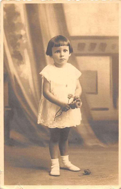 Little Girl Bob Haircut Roses Flowers Artistic Old Photography