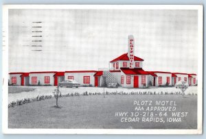 Cedar Rapids Iowa IA Postcard Plotz Motel Exterior Roadside 1952 Vintage Signage
