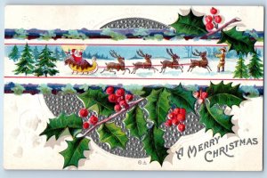 1910 Christmas Santa Claus Reindeer Sleigh Holly Berries Embossed Nash Postcard