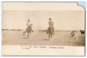 c1910's Cowboy Bringing Calves To Brand Hal Reid Liberal KS RPPC Photo Postcard 