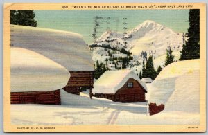 Brighton Utah 1942 WWII Soldiers Postcard King Winter Reigns Snow Lodge