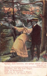 Love 1907 Couple Woman on Swing in Forest Poem vintage postcard