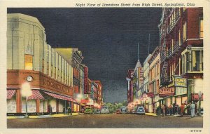 Postcard 1940s Ohio Springfield Night View Limestone High autos Teich 24-5263