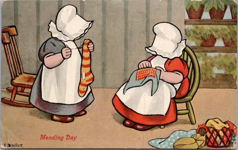 Mending Day Bonnets Girls Women Sewing c1911 Postcard E35 *As Is
