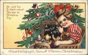 Christmas Stecher Ser 73B Little Girl Playing School Dolls Chalkboard Postcard