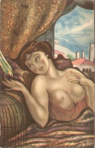  Nude. Lady with a bird Old vintage French artist drawn postcard