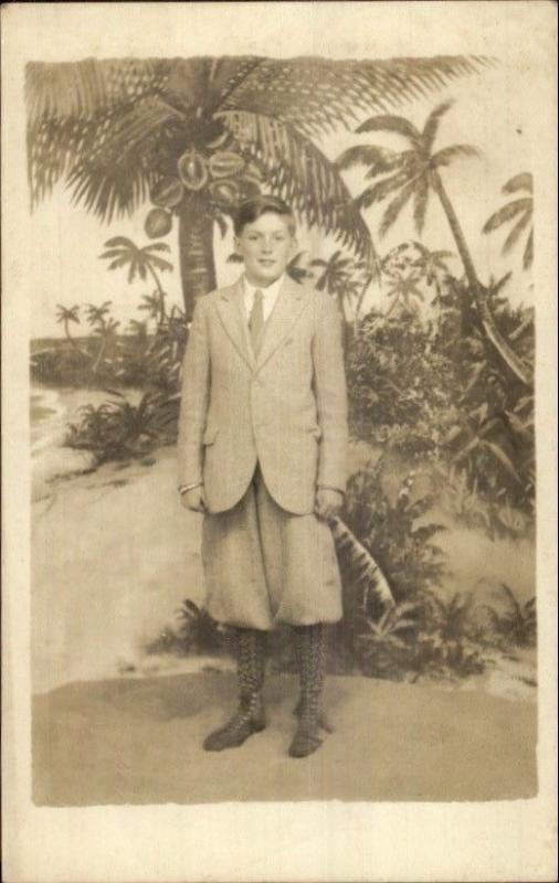 Boy in Suit & Knickerbocker Pants Vintage Fashion Studio Real Photo Postcard