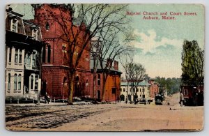 Auburn ME Baptist Church And Court Street Maine Postcard A39