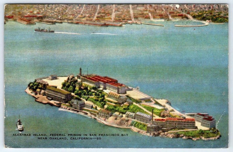 ALCATRAZ ISLAND FEDERAL PRISON NEAR OAKLAND SAN FRANCISCO*VINTAGE LINEN POSTCARD 