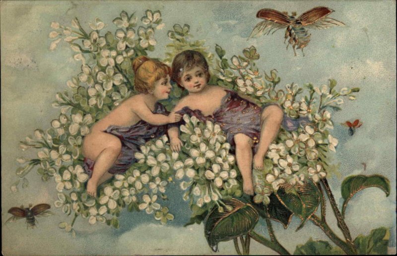 Fantasy Fairy Children in Flowers with Flying Insect Embossed c1910 Postcard