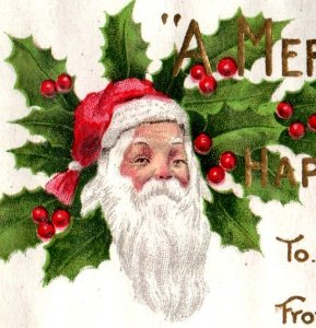 1880s-90s Embossed Victorian Christmas & New Year's Label Santa Claus P84