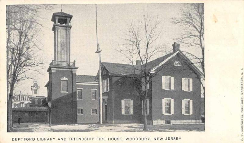 Woodbury New Jersey Deptford Library and Fire House Antique Postcard J63679