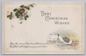Holiday~Holly Bells Homes & Christmas Wishes Greeting~Vintage Postcard