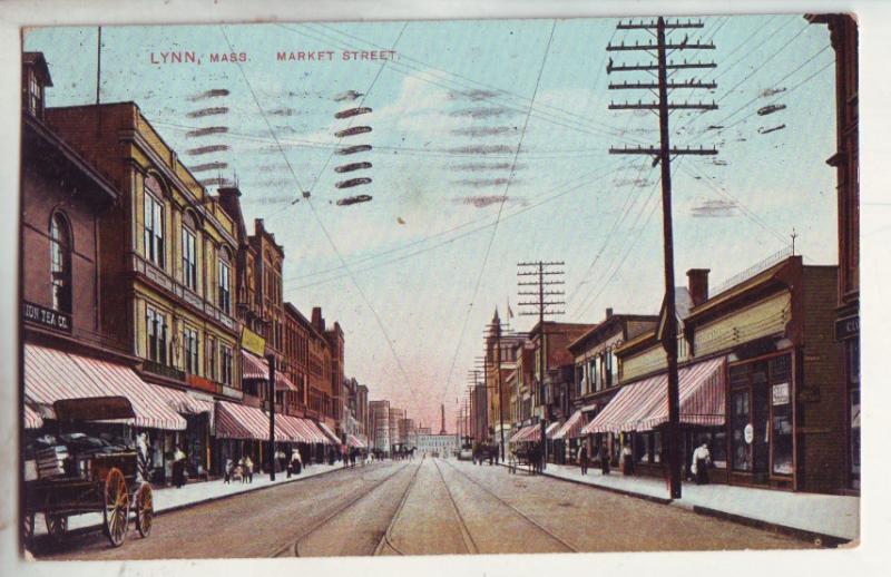 P868 1909 trolly tracks people old wagon etc market street lynn mass